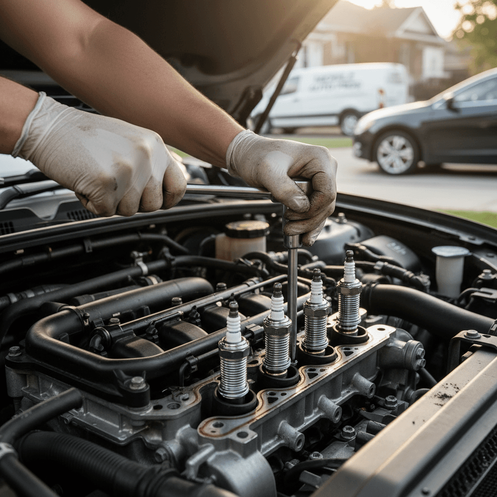 Mechanic's hands working on vehicle spark plugs in engine compartment with natural light illuminating details