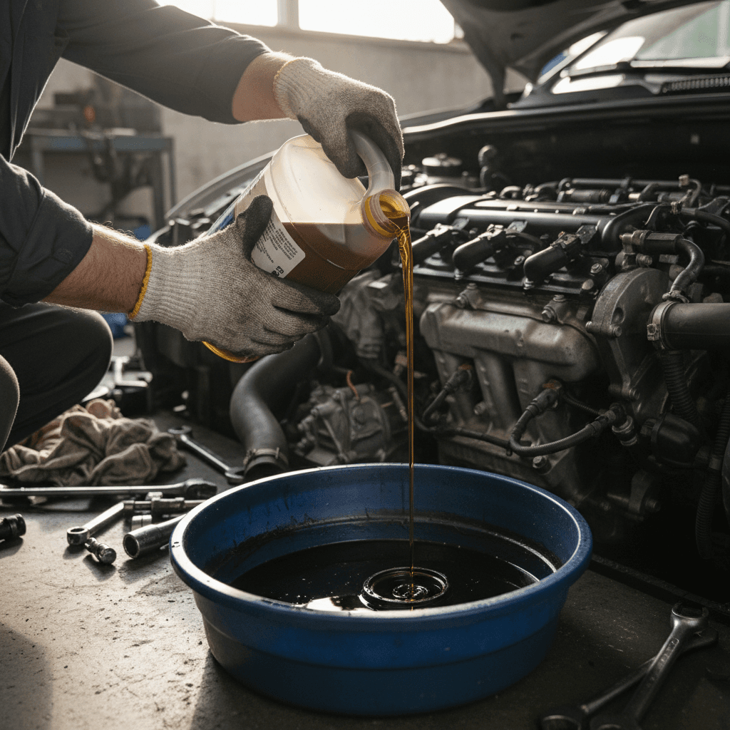 Mechanic hands performing oil change on vehicle engine with natural daylight, showcasing automotive maintenance expertise