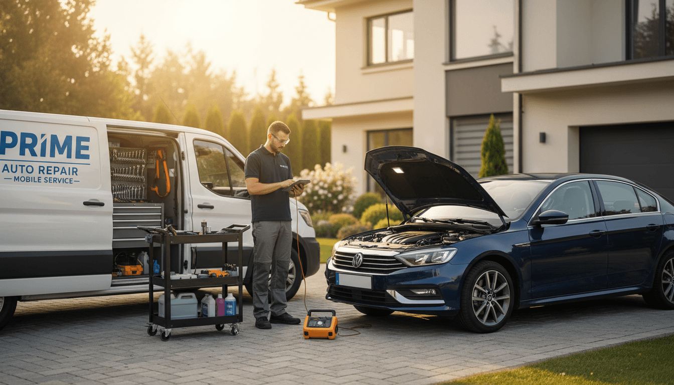 Mobile mechanic arriving at customer driveway with tools