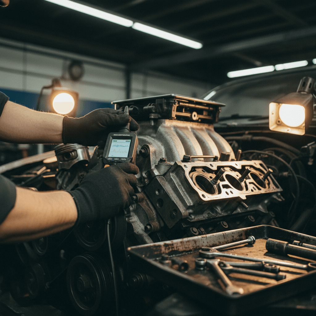 Mechanic working on engine with precision