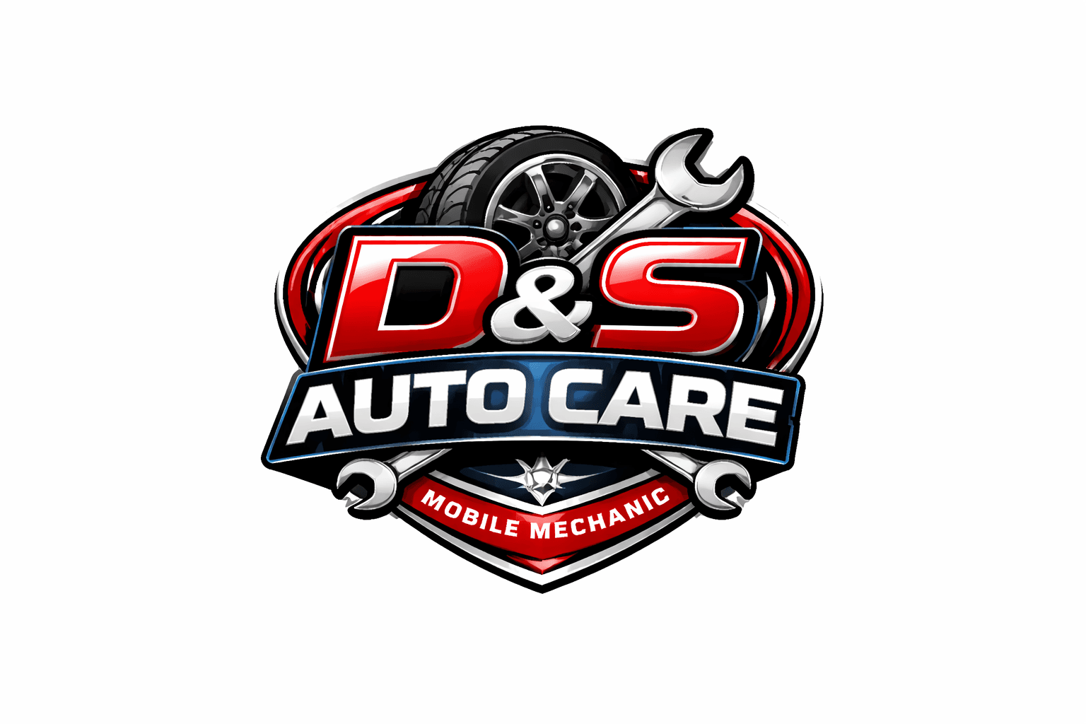 D&S Auto Care mobile mechanic logo featuring a tire, wrenches, and red and blue text.